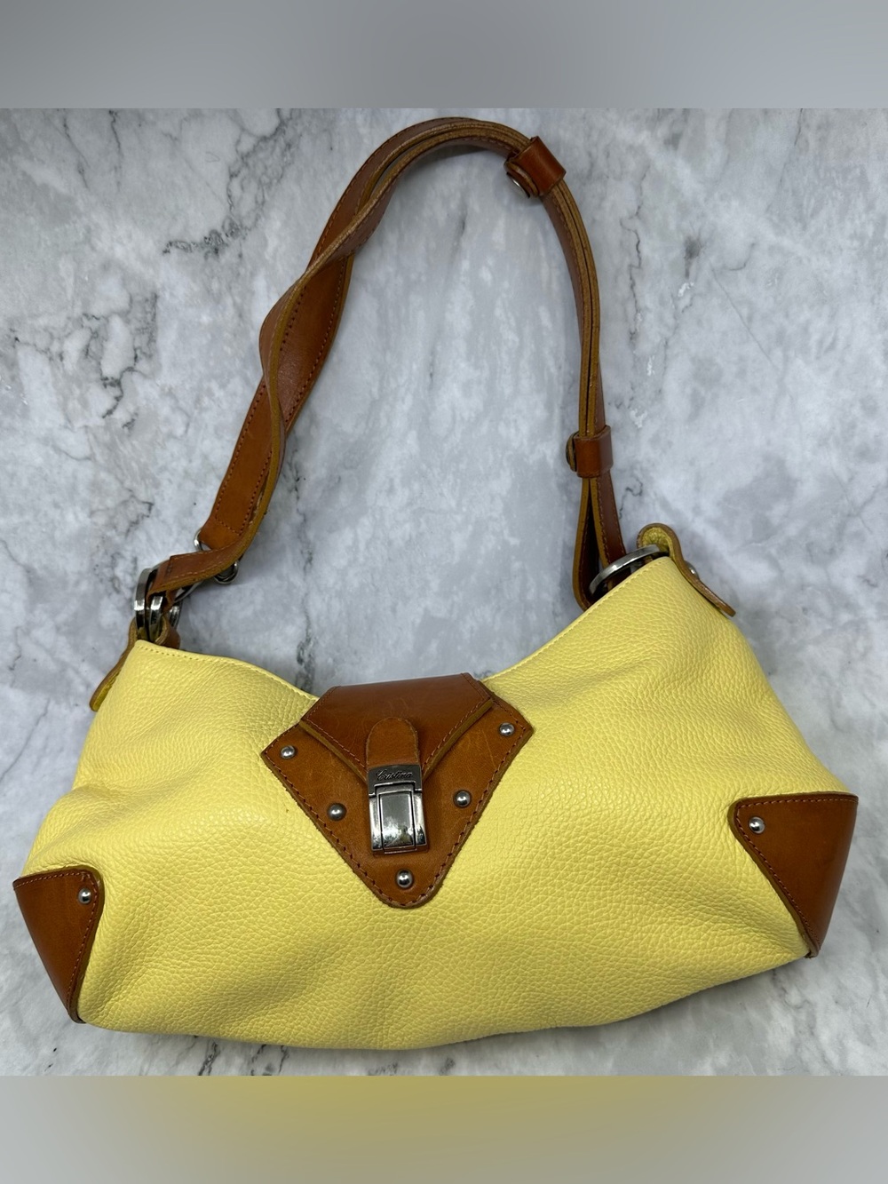 Yellow Shoulder Bag with Brown Leather Trim and Silver Clasp
